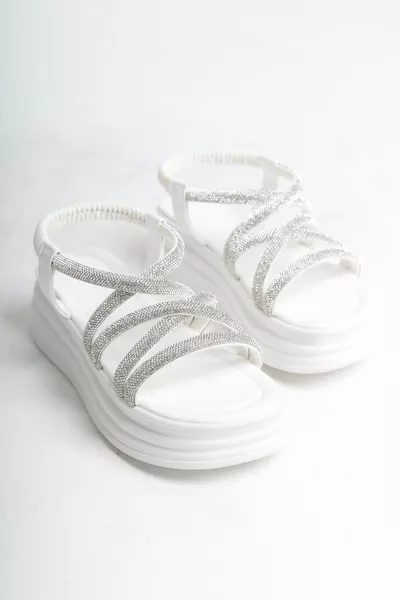 Высокие каблуки с гибким ремешком белые женские босоножки с камнями