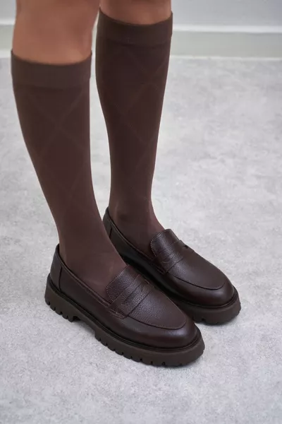 Queena Brown Genuine Leather Thick Sole Detail Women Shoes