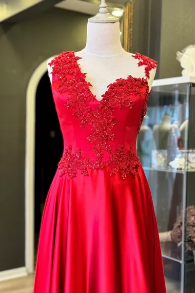 أحمر واحد الكتف والدانتيل المطرزة مفصلة ماكسي طول الساتان مساء اللباس والسهرة اللباس