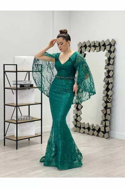 Lace Sequin Fabric Belt Jeweled Fish Dress - Emerald Green