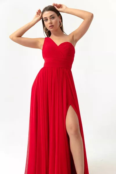 المرأة الأحمر واحد الكتف شق فستان مساء طويل