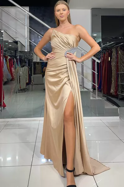 Gold Long Satin Evening Dress Stone Detailed