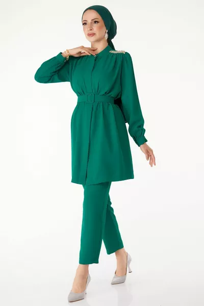 سترة من الحجر الأخضر للسيدات بياقة مستقيمة + بانتالون - 