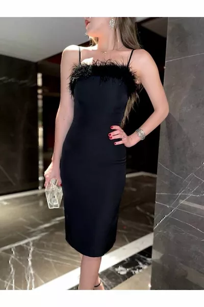 Black Plush Feather Detailed Black Dress Scuba Fabric Evening Dress