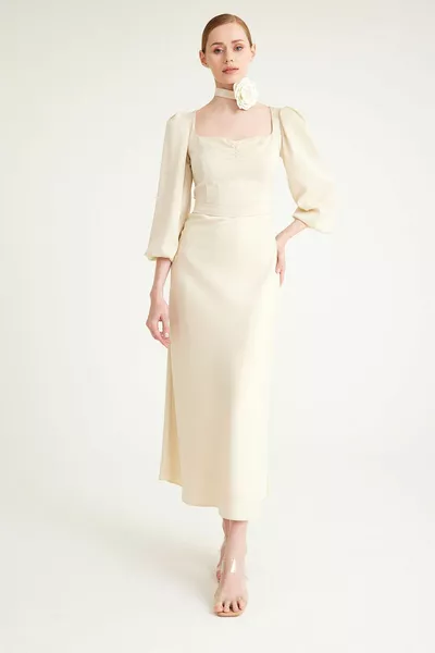 ميدي طول البيج فستان الخطوبة فستان الزفاف وعد اللباس دعوة اللباس مساء اللباس