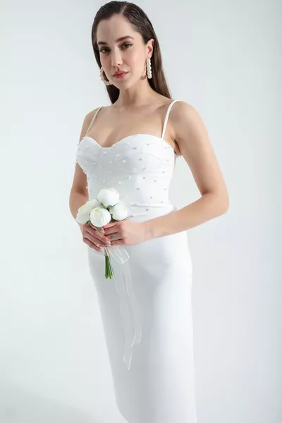 المرأة الأبيض الباليه مشد اللؤلؤ ميدي مساء اللباس