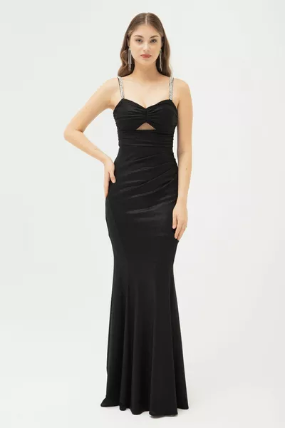 Langes Abendkleid mit schwarzem Steinriemen für Damen