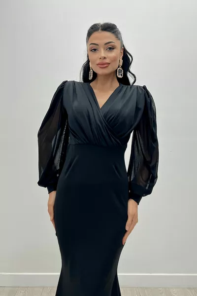 فستان سمك كريب من القماش بياقة مزدوجة الصدر - أسود