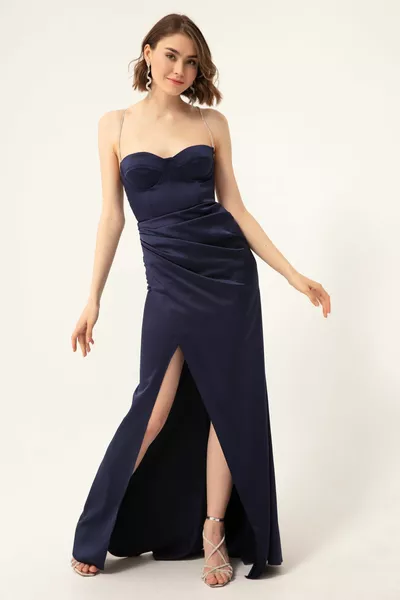 Women's Navy Blue Stone Strap Slit Long Satin Evening Dress