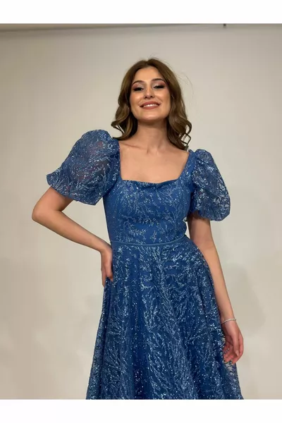 Къс ръкав блясък плат квадратен врата Midi дължина нов сезон вечерна рокля  