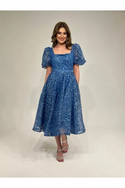 Къс ръкав блясък плат квадратен врата Midi дължина нов сезон вечерна рокля  