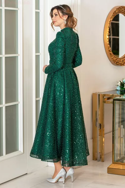 Midi Length Pulp Fabric Plus Size Çalıkuşu Evening Dresses - Emerald