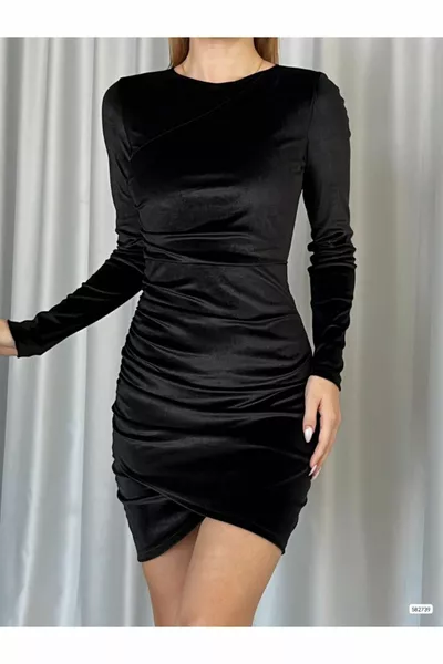 Дълъг ръкав асиметричен дизайн мини кадифе рокля