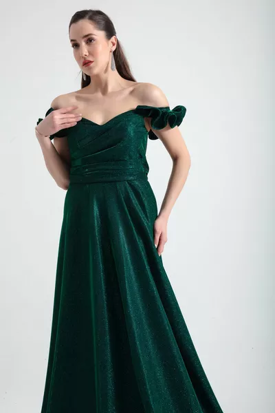 المرأة الزمرد الأخضر تكدرت الأكمام بريق فستان سهرة طويلة