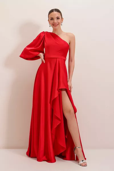 Tek Kollu Önü Volanlı Astarlı Krep Saten Uzun Elbise Kırmızı