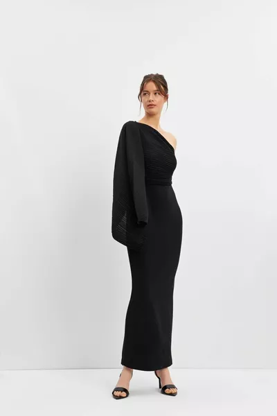 Black One Shoulder Draped Waist Fit Dress