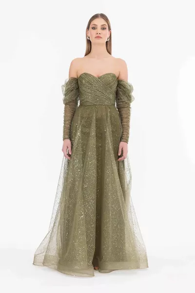 TULLE CHEST CUP SLIM EVENING DRESS-KHAKI