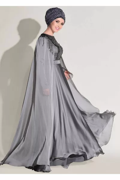 Robe de soirée en mousseline de soie grise brodée à épaules dénudées pour femme 