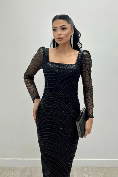 Sequin Fabric Square Neck Pencil Dress - BLACK