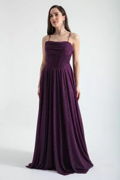 Kadın Mürdüm Balen Korseli Simli Uzun Abiye Elbise