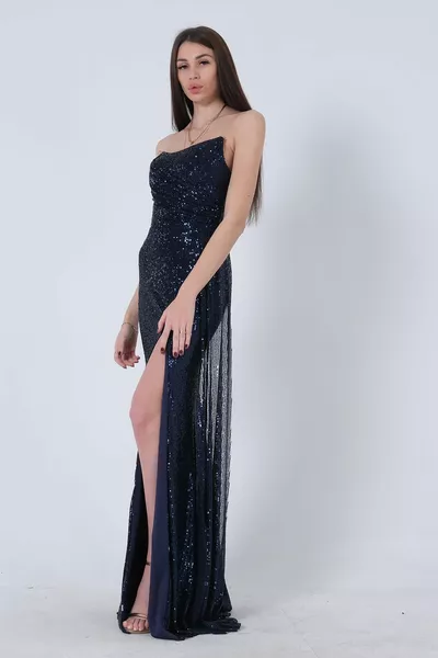 Paillettenbesetztes trägerloses Abendkleid Marineblau 