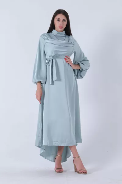 Degaje сатен балон ръкав хиджаб рокля мента 