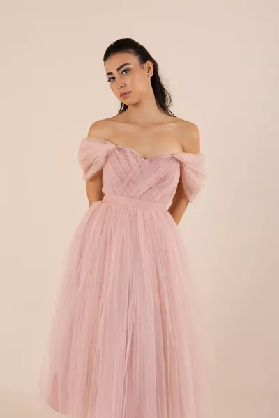 Агнес Тюль Сердце Воротник Низкий рукав Грудь Драпированная пудра Платье