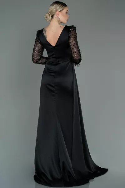 Black Sequin Long Sleeve Slit Satin Evening Dress 