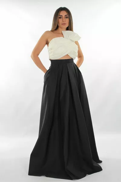 أبيض وأسود تنورة تمثال نصفي مزدوجة التفتا مجموعة فساتين السهرة النسائية