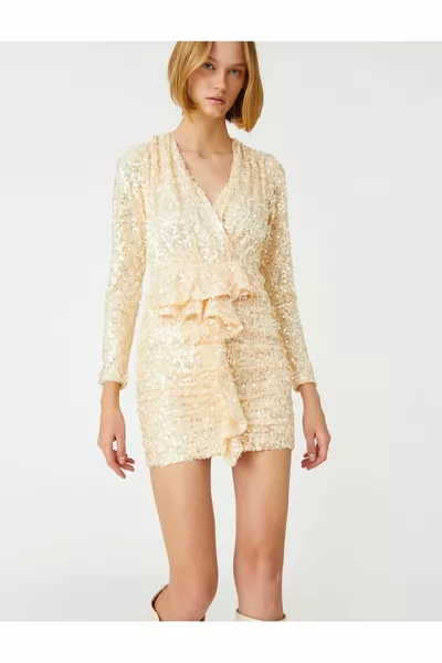 Sequined Flounced мини вечерна рокля дълъг ръкав