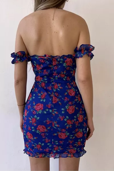 Тънка подплатена флорална шарка с къс ръкав синя мини вечерна рокля без презрамки 