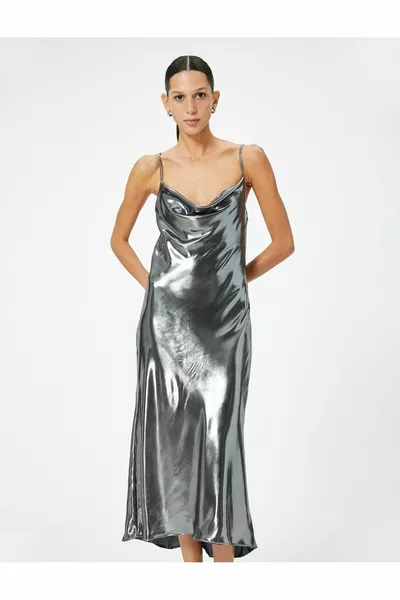 Лъскава метална Midi вечерна рокля тънка каишка Degaje яка