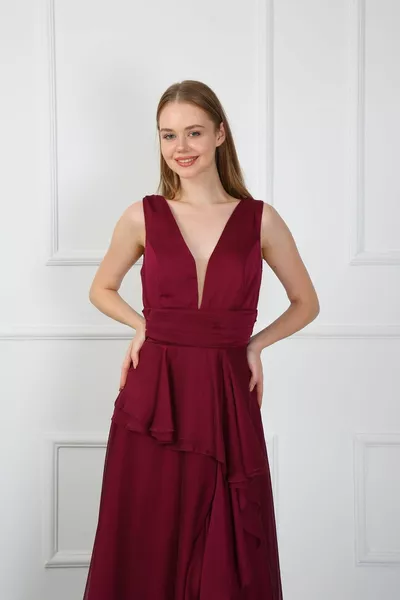  Damen Lila Langes Chiffon-Abendkleid mit Brustdetail und Schlitz
