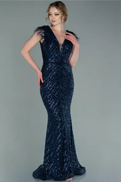 Women's Navy Blue Long Sequin Embroidered Otrich Evening Dress 