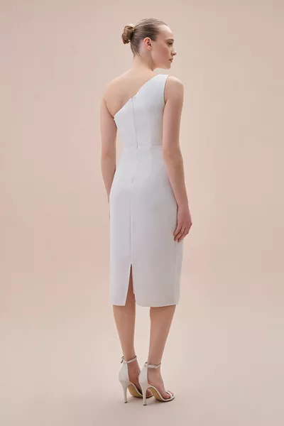 واحد الكتف جيرسي النسيج ميدي طول فستان الزفاف الأبيض