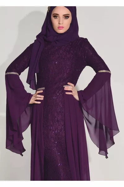 Dames pruimen kanten chiffon gedetailleerde avondjurk 