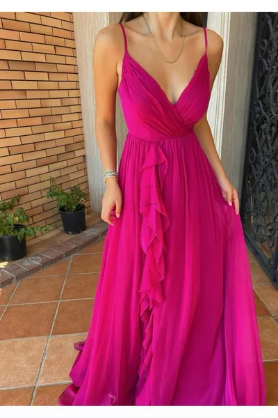 ALLER VOLANT LANGE JANJAN CHIFFON AVONDJURK MET SPLIT VOOR DAMES