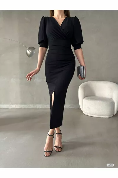 المرأة مزدوجة الصدر طوق قصيرة بالون الأكمام قصيرة شق كريب النسيج مساء اللباس (ملون)