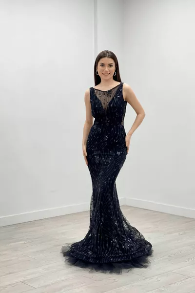 Пайети плат пола тюл подробна рокля - черен