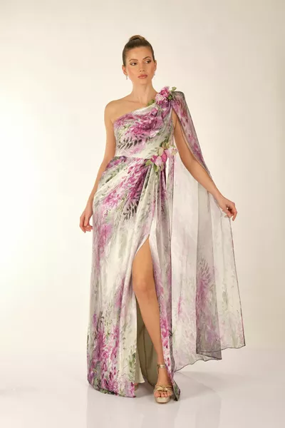 Алфа бета едно рамо шарени фуксия-зелена дамска вечерна рокля 