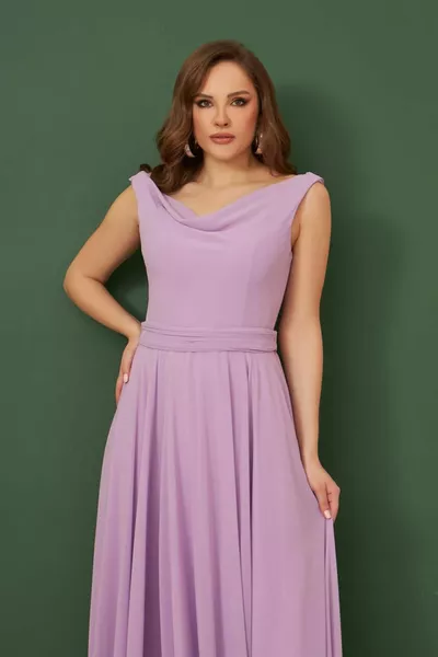Lilac Chiffon Degaje Collar Long Evening Dress and Invitation Dress