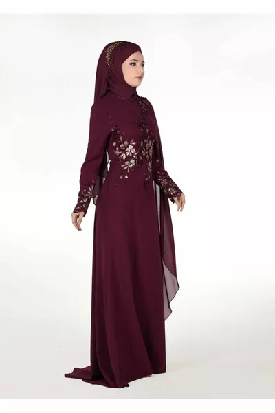 Robe de soirée brodée bordeaux pour femme 