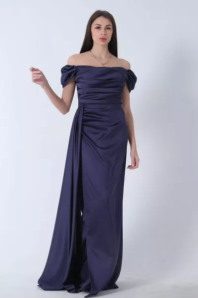 ثنى مفصلة الساتان النسيج مساء اللباس الأزرق الداكن 