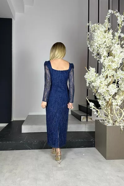  مربع الرقبة بريق ميدي طول مساء اللباس الأزرق الداكن