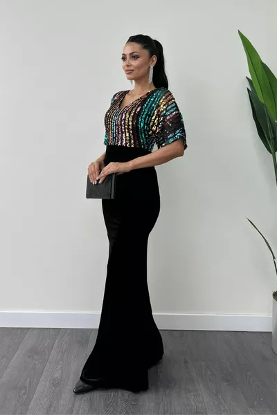 Top Paillettes Colorate Fondo Velluto Tessuto Bat Sleeve Fish Dress - Nero