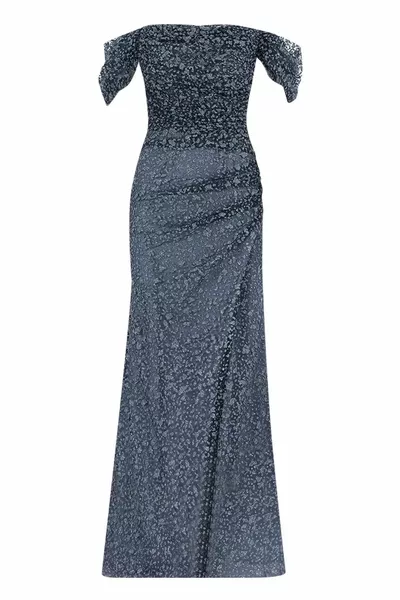 Strapless Collar Balloon Sleeve Narrow Form Evening Dress-Indigo
