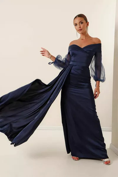 Madonna Collar Lined Organza Sleeves Crepe Satin Long Dress Parlament