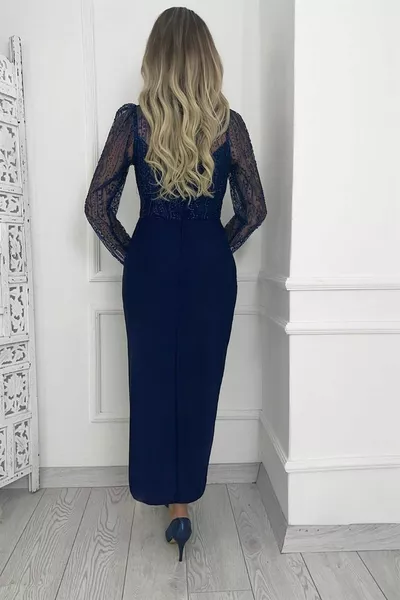  فستان طويل الأكمام بريق تصميم الأزرق الداكن