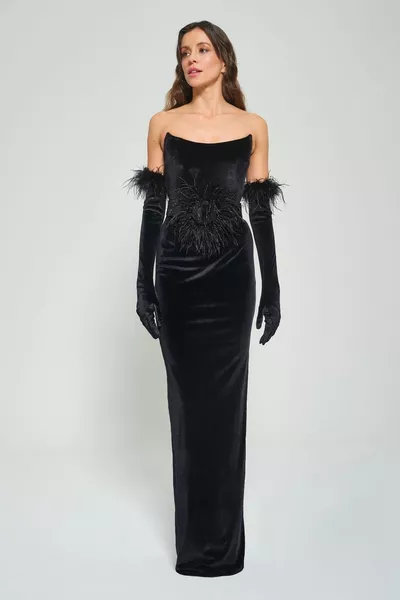 Черно кадифе корсет форма дълга вечерна рокля