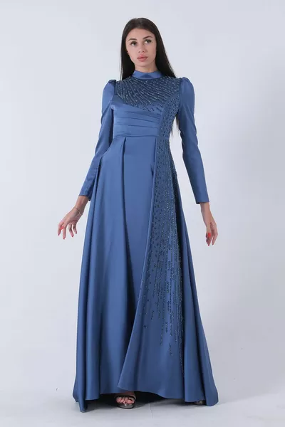Камък бродирани съдия яка сатен хиджаб вечерна рокля индиго 